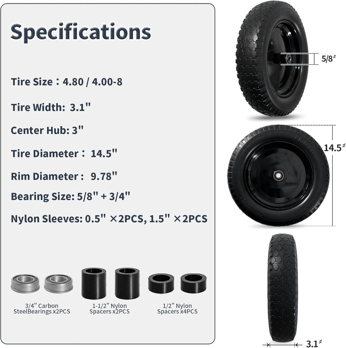 Wheelbarrow Tire 4.80/4.00-8 Flat Free Solid Tire Wheel 14.5 Inch, Replacement Heavy Duty Wheel, with 5.8" and 3.4" Bearings 3" Center Hub, fits Garden Cart, Dolly, Hand Truck, Trailer, Wagon, 2 Pcs