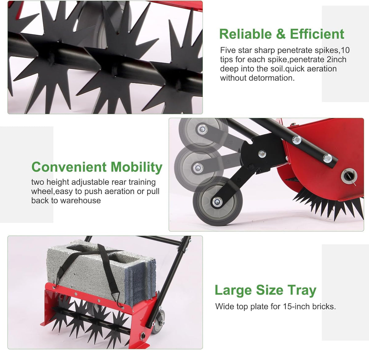 Lawn Aerator,16.5 inch Push Spike Aerator with Side skids, Height Adjustable Rear Wheel Pushed Aerator Lawn Tool, 2025 Upgraded Rolling Manual Tiller,Suitable for Lawn, Garden and Yard.