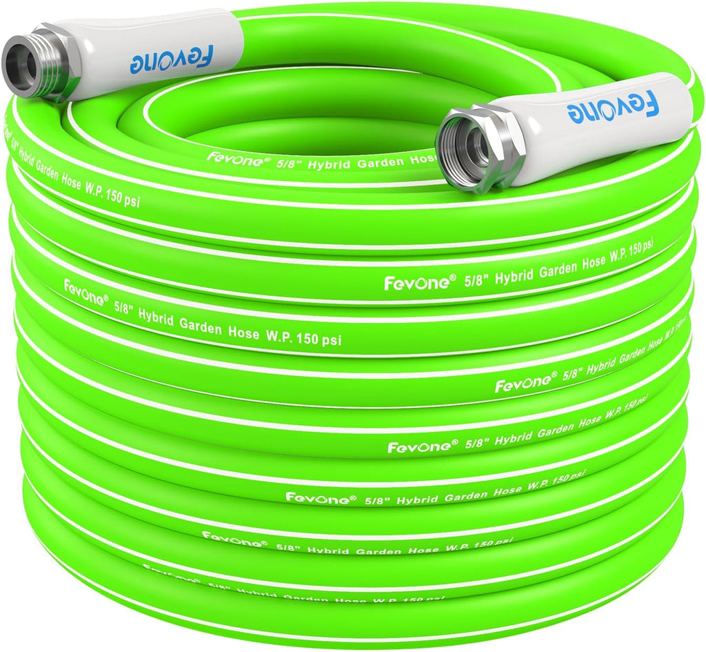 Fevone 100 ft x 5/8" Heavy Duty Garden Hose, Drinking Water Safe, Flexible & Kink-Free Hybrid Polymer Water Hose, Lightweight Outdoor Hose with 3/4" Solid Aluminum Fittings