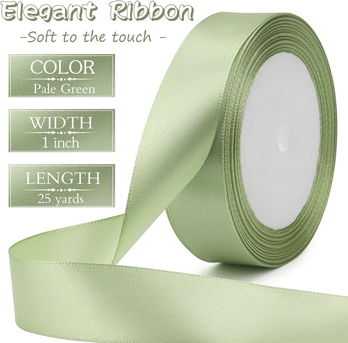 Pale green Solid Satin Ribbon 1 Inch 25 Yards Solid Polyester Fabric Ribbon for Gift Wrapping Wedding Christmas Baby Shower Birthday Party Decoration Handmade Immortal Flower Craft