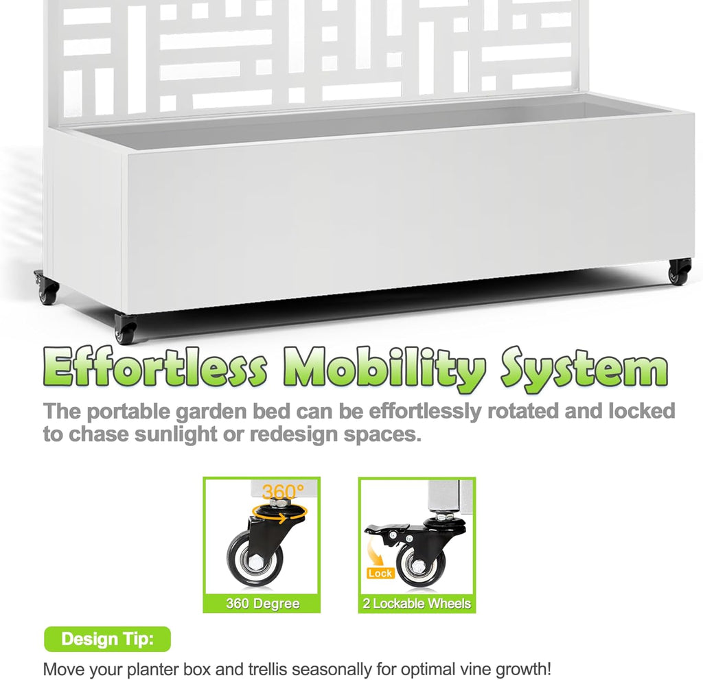 15.7"×70.9"×47.2" Metal Raised Garden Bed with Trellis and Wheels - Tall Trellis Planter Box for Climbing Plants, Vegetables & Vines - Outdoor Privacy Planters for Patio (White-Helen)