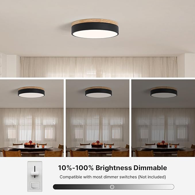 Led Flush Mount Ceiling Light: 11.8" Dimmable 5CCT Overhead Ceiling Lighting Fixture - Morden Black Round Close to Ceil Lights - Flat Wood Minimalist Light Fixtures for Living Room Laundry Bedroom