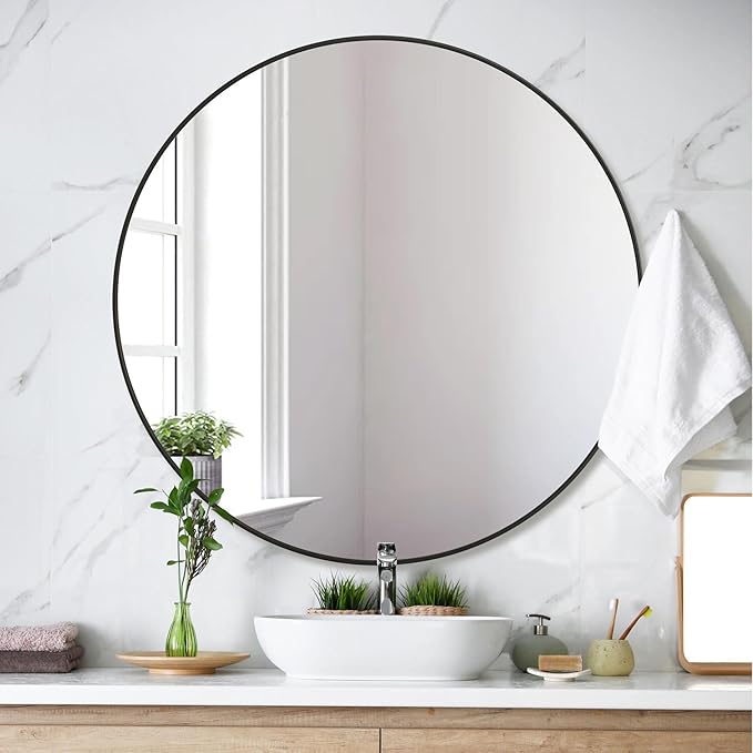 Black Round Mirror 30 Inch,Circle Bathroom Vanity Mirror for Wall,Hanging Modern Tempered Glass Mirror for Entryway or Living Room (30 Inch, Black)