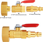 RV Winterize/Winterization Blowout Adapter - Brass with Ball Valve, 1/4" Male Quick Connect to 3/4" Male & Female GHT Garden Hose Thread