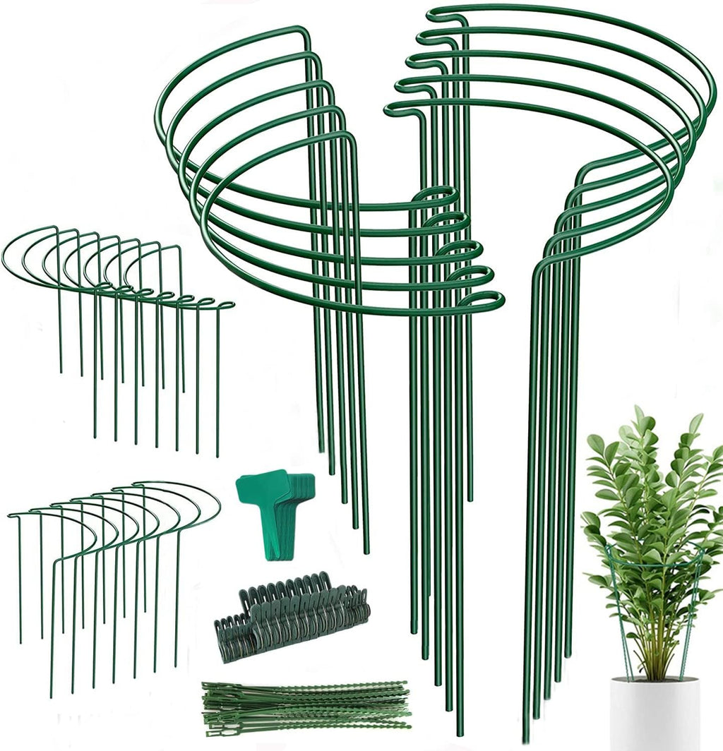 24 Pack Plant Support Stake, Half Round Metal Garden Plant Stake, Green Plant Support Ring, Border Support with Plant Lables & Plant Clips for Outdoor Indoor Plants, Vegetable, Flowers