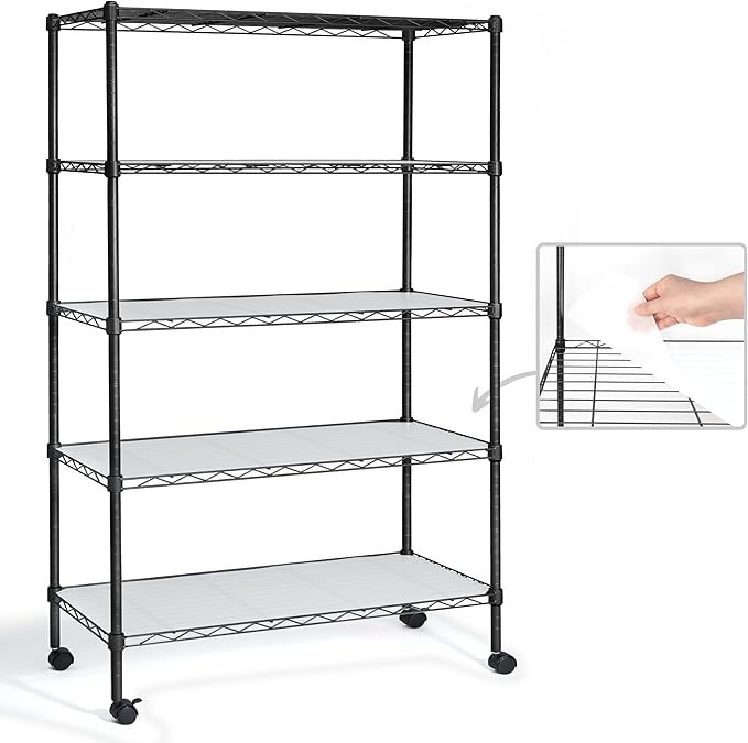 CAPHAUS NSF Adjustable Height Wire Shelving Unit w/Liner, Basement Storage Shelving, Metal Steel Storage Shelves, Garage Shelving Storage Organizer, Utility Shelf, 5-Tier W/Wheels W/Liners, Black