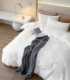 JIYUAN 100% Washed Cotton Duvet Cover Set 3 Pieces Queen, 1 Duvet Cover 90x90 Inches(Comforter Not Included) and 2 Pillowcases,Linen Feel Bedding Set Comfy and Breathable,Bright White