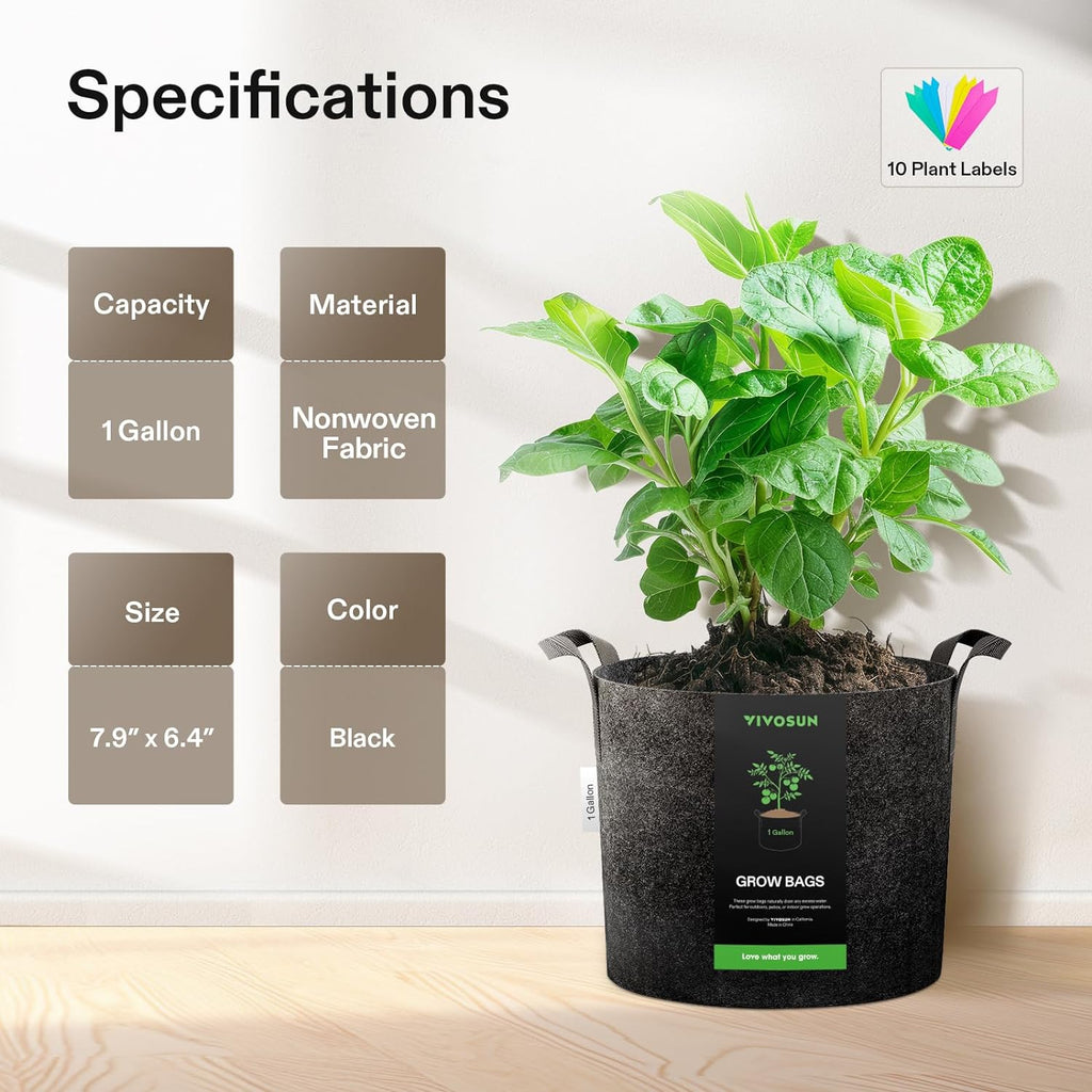 VIVOSUN 20-Pack 1 Gallon Grow Bags, Heavy Duty Thickened Nonwoven Fabric Pots with Handles for Flowers Fruits and Vegetables Black
