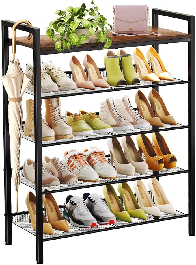 Shoe Rack for Front Door Entrance, 5 Tier Shoe Rack for Entryway, 16-20 Pairs of Shoes, Metal Shoe Rack Organizer, Free Standing Shoe Rack for Closet (Black+Rustic Brown)