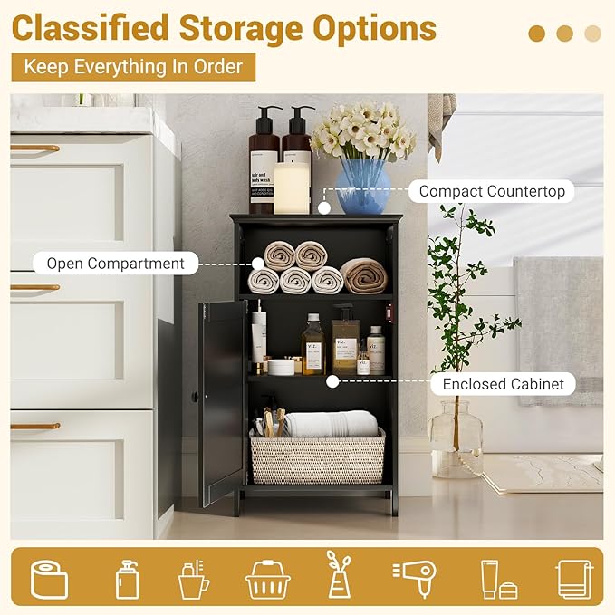 Tangkula Bathroom Storage Cabinet, Freestanding Wooden Single Door Side Floor Organizer with Adjustable Shelf, Small Bathroom Cabinet for Small Spaces, Living Room (Black)