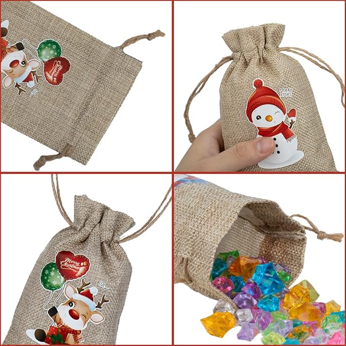 ARTLYMERS 24 Pack Christmas Jute Burlap Bags, Christmas Drawstring Gift Bags for Xmas Presents Holiday Party Favor Treats Candy, 6 Designs