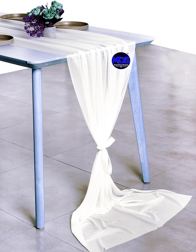 MDS 20 Pack 10ft Chiffon Table Runner 29 x 120 Inches Sheer Wedding Runner Romantic Rustic Table Runner for Wedding Decorations, Birthday Parties, Bridal Shower Party Arch Decor - Ivory