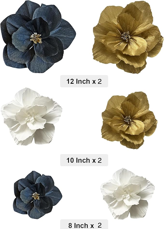 BRT Bearingshui Crepe Paper Flowers Decoration for Wall Total 9 Pcs, Artificial Flowers Backdrop for Wedding Decor Baby Bridal Shower Birthday Party, Gold White Black 3D Wall Flowers Decor