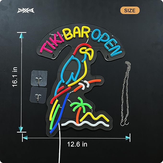 Tiki Bar Parrot Neon Sign for Wall Decor Hawaii Beach Bar LED Sign with Dimmer for Pub Party Man Cave Room Art Decor Gift USB-Powered (16.1x12.6) Inch
