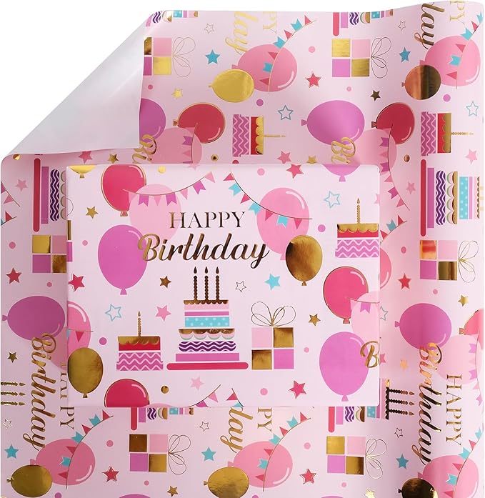 Aimyoo Pink Birthday Wrapping Paper Roll - 17 Inch X 16.4 Feet - Gold Foil Celebration Cake, Balloon, Happy Birthday Lettering Design Gift Wrap for Kids, Baby Showers