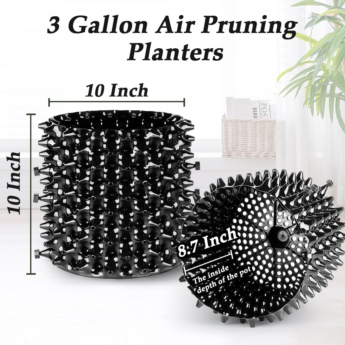 3 Gallon Air Pruning Container New Plastic Nursery Pot Fruit Vegetable Garden self-Planting pots, Size 10"x10", Black