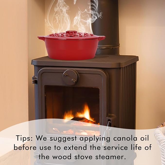 INNO STAGE Wood Stove Steamer, Cast Iron Humidifier for Stove, Home Indoor Decorative, Red Finish, Rust Resistant, Lattice Top, 2.5 Quart Capacity, Patented