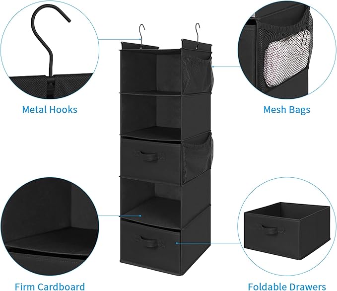 MAX Houser 5 Tier Shelf Hanging Closet Organizer, Cloth Hanging Shelf with 2 Sturdy Hooks for Storage, Foldable (Black-D2)