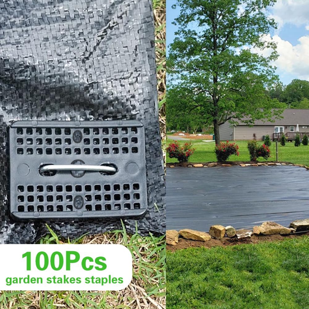 Bakulyor 100 Pcs Landscape Staples + 100 Pcs Gasket, 6 Inch Garden Stakes Staples 11 Gauge U Shaped Galvanized Lawn Landscape Pins, Heavy Duty Yard Ground Pin for Weed Barrier Sod Fabric Decorations