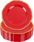 Hioasis 60pcs Red Plastic Plates - Red and Gold Disposable Dinnerware with Gold Rim, Heavy-duty, 7.5 inch, Dessert Plates for Party & Wedding
