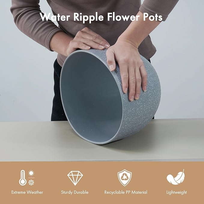 12 Inch Wide Water Ripples Flower Pots for Indoor or Outdoor Plants, Large Plant Pots with Drainage Holes & Saucer, Plastic Planters Set for Garden & Home Decor (Grey with White Speckles)