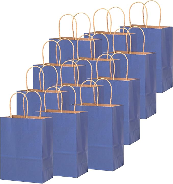 qiqee 50-Packs Kraft Deep Blue Paper Gift Bags with Handles Bulk 11"x8.3"x4.3" Medium Size Paper Bags Multiple Uses
