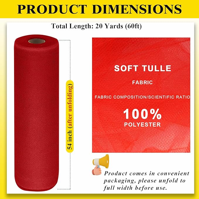 54" by 20 Yards Red Tulle Fabric Rolls - Tutu Spool Bolt for DIY Wedding Decoration, Baby Shower Tutu Skirt, Gift Wrapping - Large Matte Tulle, Roll Packaging