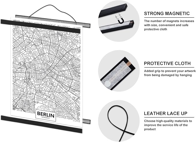 Magnetic Poster Hanger, 39x27 39 x 13 39x23 Poster Frame Wood Wooden Magnet Print Posters Dowel Scroll Hanger Hangers Hanging Kit for Walls Map Canvas Artwork (Black, 39")