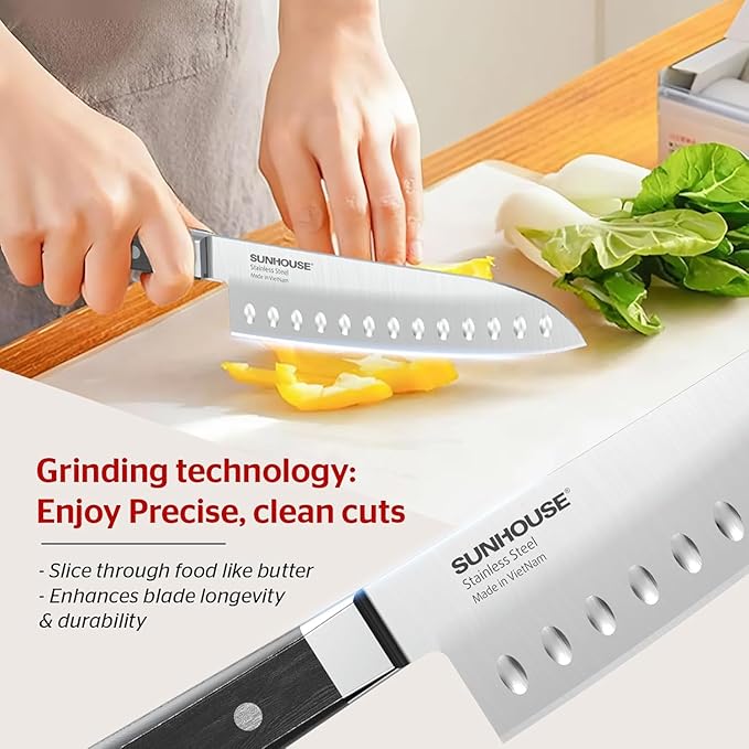 Sunhouse Santoku Knife 7 inch,AUS-8 Stainless Steel – Superior 59HRC Hardness, Full Tang, Ergonomic Handle, Perfect Gifts for Mom or Dad,Premium Gifts