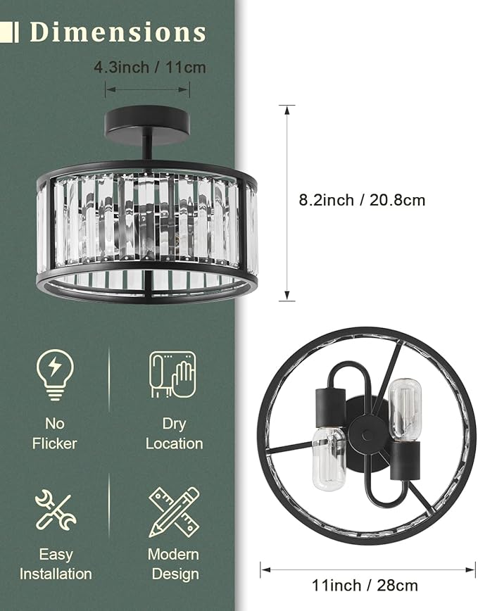 Black Flush Mount Ceiling Light, 2- Light Caged Crystal Chandelier , Small Drum Hallway Light Fixtures Ceiling Mount (Black)