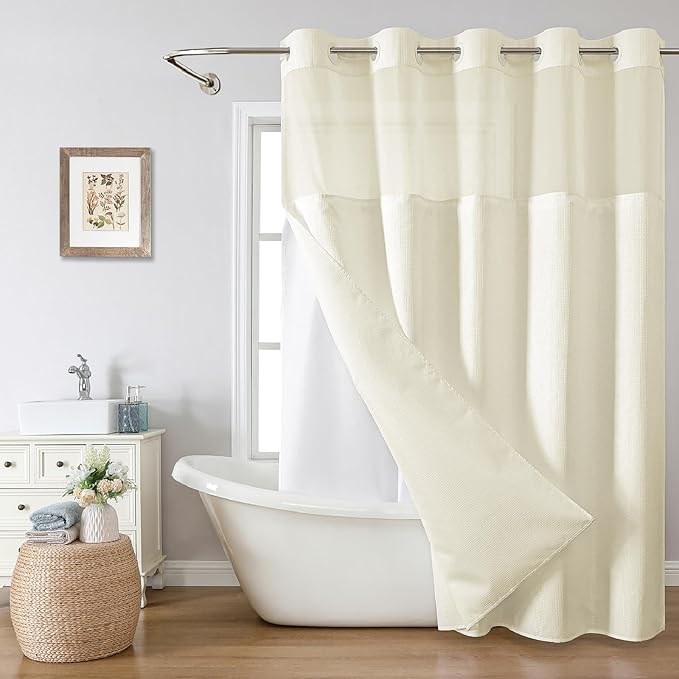 Extra Long No Hook Shower Curtain with Snap-in Fabric Liner Set,Cream Waffle Weave Shower Curtains for Bathroom,Hotel Luxury Decor Bathroom Curtain Set,Waterproof & Washable,71Wx86H
