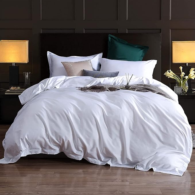 1000 Thread Count Queen Duvet Cover 100% Egyptian Cotton White Solid Long Staple Luxury Quality Sateen Weave Durable Soft Comfy Comforter Cover with Zipper Closure & Corner Ties