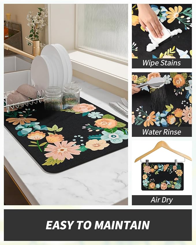 AMOAMI Coffee Mat Hide Stain Rubber Backed Absorbent Dish Drying Mat for Kitchen Counter - Bar Accessories Fit Under Coffee Maker, Espresso Machine, Dish Rack - Floral Black 12x19