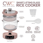 COOK WITH COLOR 3L Glass Low Carb Rice Cooker - Makes 6 Cups Cooked Low Sugar Rice with Auto Lift Filter Basket, Hotpot & Steamer for Rice, Grains and Oats, Digital Panel with Keep Warm, Blush