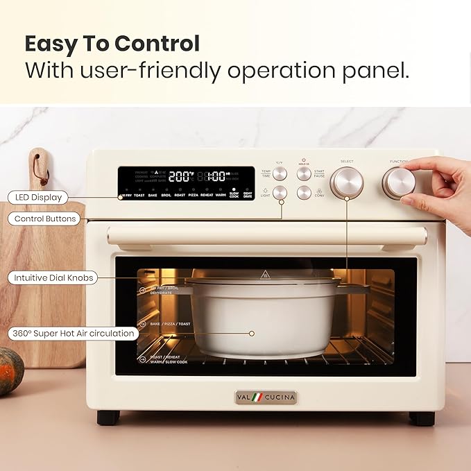 Retro Style Infrared Heating Air Fryer Toaster Oven, Extra Large Countertop Convection Oven 10-in-1 Combo, 6-Slice Toast, Enamel Baking Pan Easy Clean with Recipe Book, Almond Yellow Color
