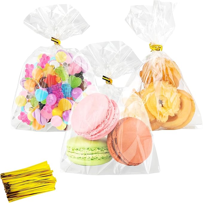 100 PCS Cellophane Treat Bags, 4x6 In Clear Cellophane Gift Bags with Twist Ties Plastic Goodie Bag for Party Favor Cookie Candy Popcorn Bakery Chocolate Gift Wrapping