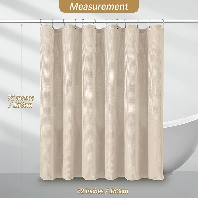 Beige Fabric Shower Curtain - Waffle Textured Heavy Duty Shower Curtains for Bathroom, 256GSM Hotel Spa Luxury Weighted Bath Curtain with 12 Hooks, 72x72, Beige