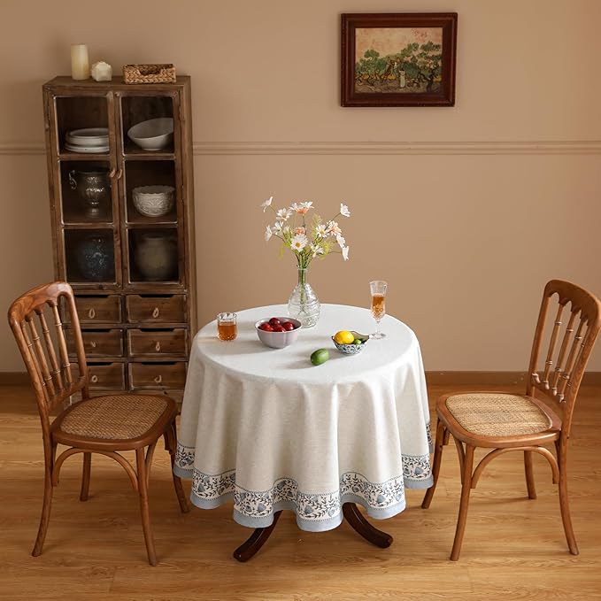ISAENNE Designer Vintage Linen Elegant Small Round Tablecloth,Chinoiserie Floral Table Cloth,Wrinkle Resistant Decor Table Cover for Dining Thanksgiving Kitchen,Diameter 55"-Segerman B