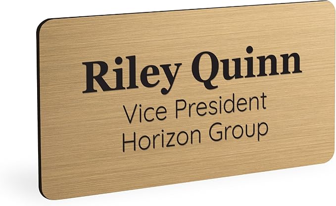 ExcelMark Custom Name Tag - Engraved Name Badge with Pin or Magnetic Backing, 16 Colors, 6 Fonts, and 2 Sizes to Choose from (Gold w/Black Letters, 1.5"x 3")