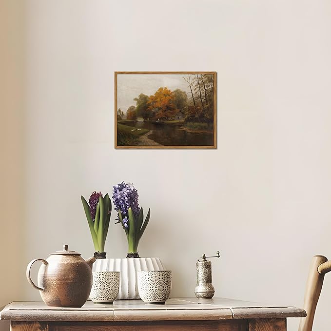 Floating Framed Canvas Wall Art Decor – Vintage Autumn by the Water Landscape Paintings Prints, Nature Countryside Pictures Wall Decor for Living Room Bedroom Office Decoration 8x10 inch