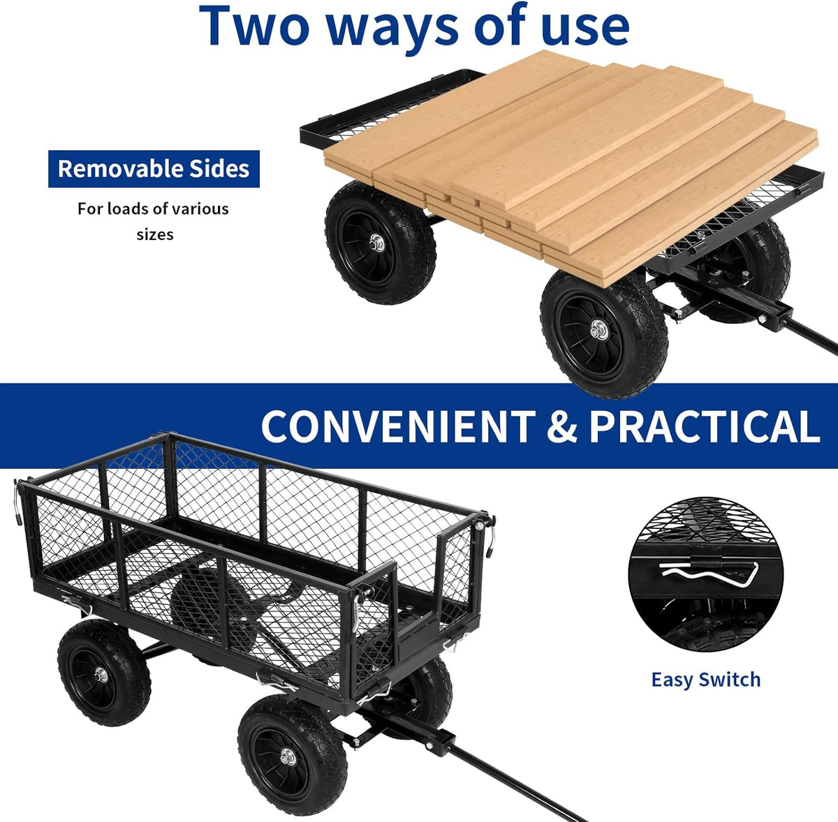 BILT HARD 400 lbs 10" Flat Free Tires Steel Garden Cart with 180° Rotating Handle and Removable Sides, 4 Cu.Ft Capacity Utility Heavy Duty Garden Carts and Wagons