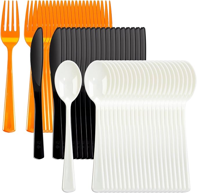 NOCCUR 180PCS Halloween Plastic Silverware Set - Tricolor Flatware Disposable Supplies Include 60 Black Knives, 60 Orange Forks, 60 White Spoons - Ideal for Halloween Party