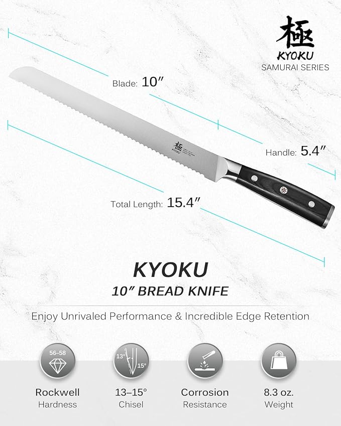 KYOKU 10" Serrated Bread Knife, Samurai Series Serrated Knife for Homemade Bread Pastries with Pakkawood Handle, Japanese High Carbon Steel Cake Knife, Full Tang Bread Cutting Knife with Sheath & Case