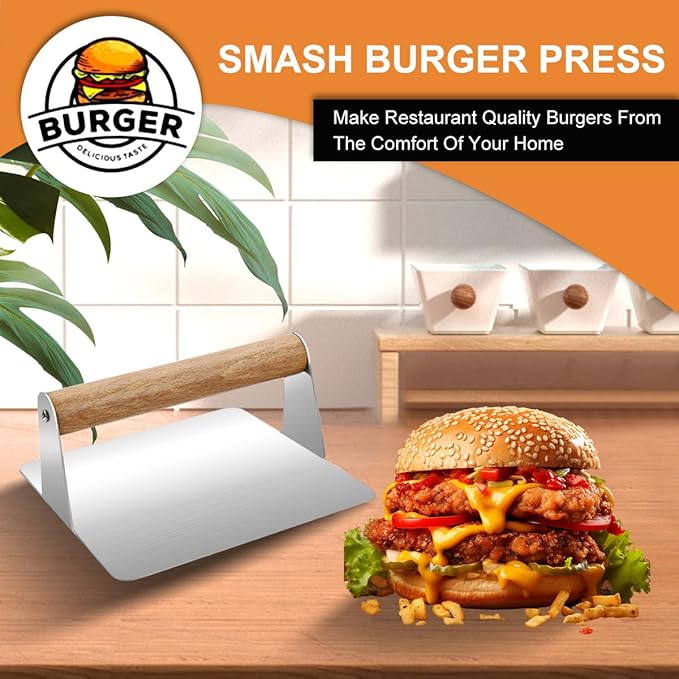 Smash Burger Press,Wood Handle -Anti Scald Non Stick Smooth, Stainless Steel Non Stick Grill Press,Ideal for Flat Top Griddle,Cookouts,Cooking,BBQ - Rectangle Kitchen Tool（5.51X2.95 Inch）