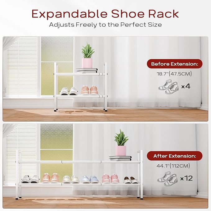 Bumusty 2-Tier Long Expandable Shoe Rack for Closet, 18"-44" Adjustable Shoe Rack for Entryway, 10-12 Pairs Large Shoe Organizer Shelf Storage, Sturdy Metal, White