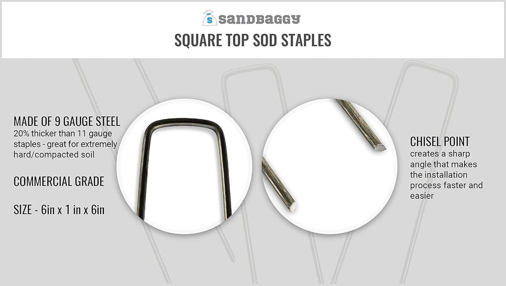 Sandbaggy 6 inch Landscape Sod Staples (9 Gauge Steel) ~ Great for Hard Soil - 20% Thicker Than Competition - Trusted by Farmers & Contractors Across USA (100 Staples)