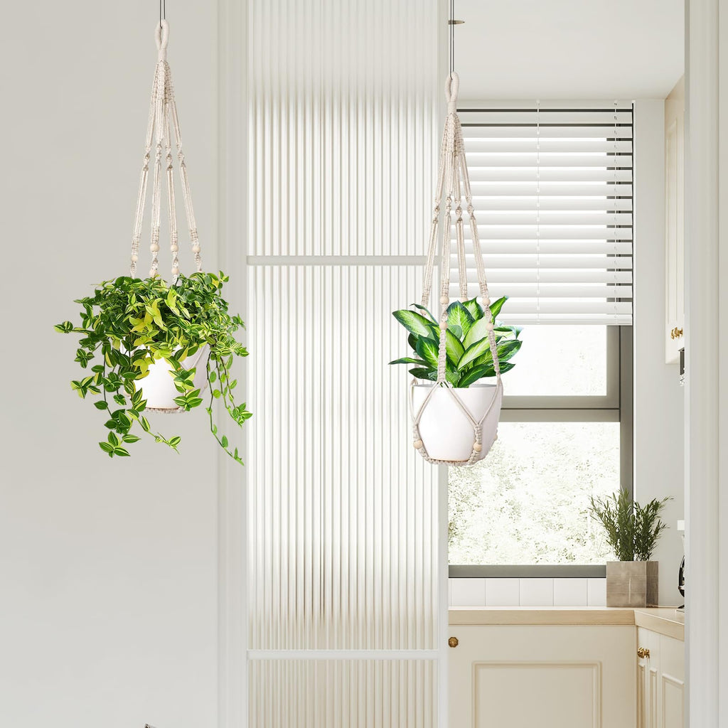 LEWESU Macrame Plant Hanger Indoor Set of 2 with 4 Hooks, Indoor Outdoor Hanging Planter for Plants Holder with Decorative Wood Beads & No Tassels, Boho Home Decor, 35 Inch Ivory (Pots Not Included)