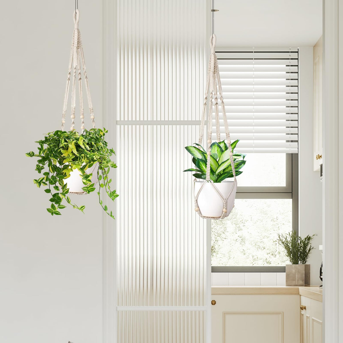 LEWESU Macrame Plant Hanger Indoor Set of 2 with 4 Hooks, Indoor Outdoor Hanging Planter for Plants Holder with Decorative Wood Beads & No Tassels, Boho Home Decor, 35 Inch Ivory (Pots Not Included)