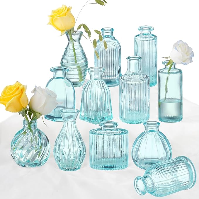 Bud Vases Set of 12, Blue Glass Vase Small Vintage Flower Vase for Decor Ribbed Glass Bud Vases in Bulk Wedding Decor Bridal Shower Party Centerpieces Home Room Table Decorations