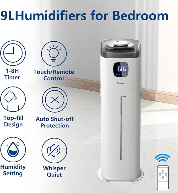 Large Humidifier for Bedroom, 9L/2.5Gal Ultrasonic Cool Mist, Easy Clean with 350ML/H Large Mist Speed, Remote control, Quiet Tower, Suitable for Kids Room Plant Yoga Study Room Office (White)